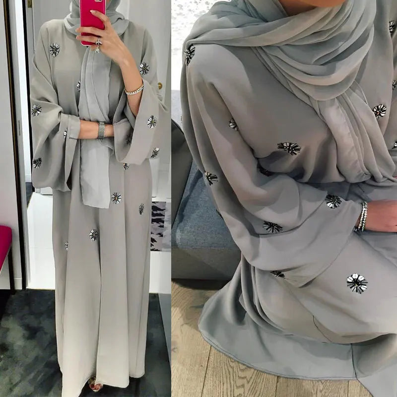 Luxury Open Abayas Beading Women Maxi Dress Kaftan Modest Cardigans Jilbab