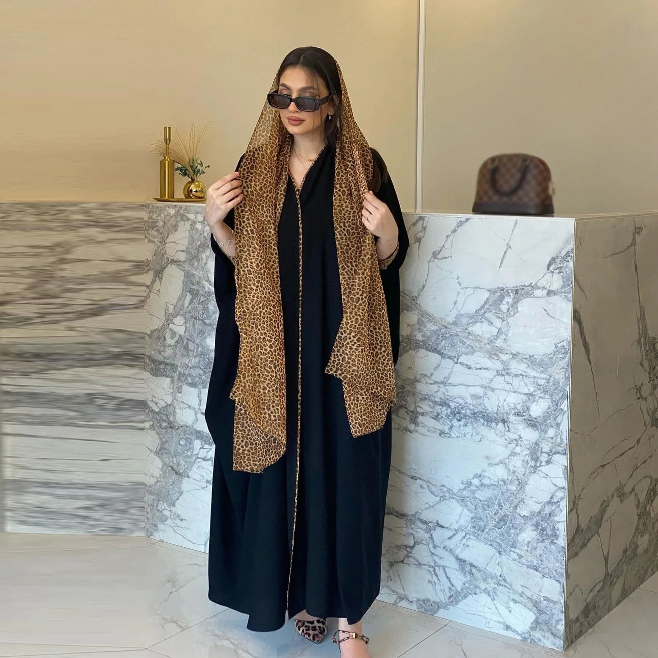 Fashion Khimar Hijab Women Clothing Muslim Black Open Kimono Casual Leopard  Chiffon Contrast Color Abayas Robe