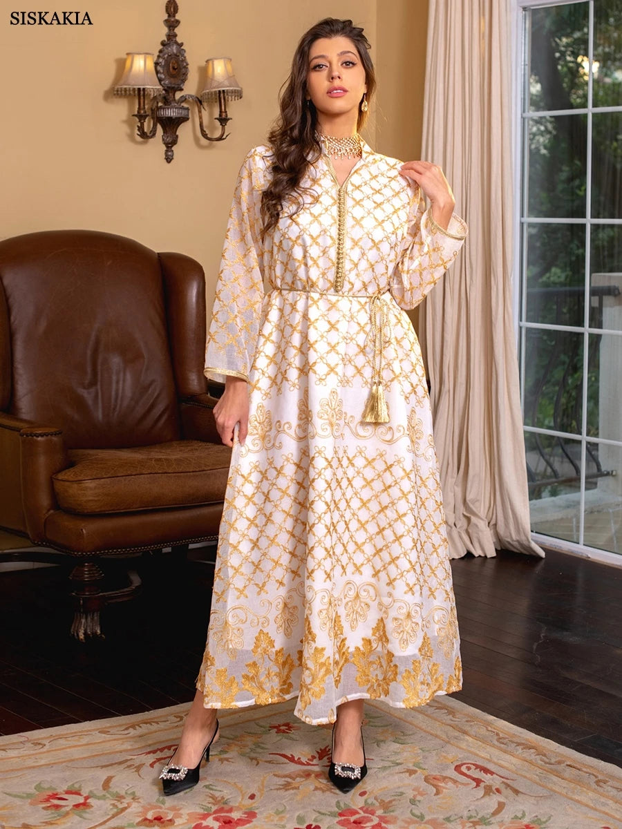 Ramadan Dresses Elegant Ethnic Floral Embroidery Kaftan Dress Moroccan Muslim Dubai Abaya Luxury Women Clothes