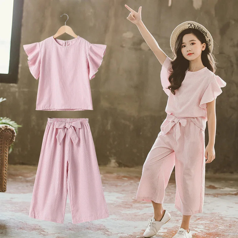 Summer Clothes Set Girls Children Striped Outfits Short-sleeved Tops + Wide Leg Pants Kids Clothes 5 6 7 8 9 10 11 12 year