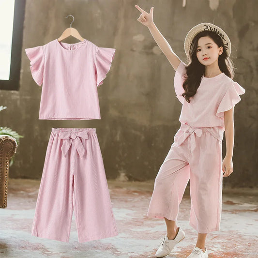 Summer Clothes Set Girls Children Striped Outfits Short-sleeved Tops + Wide Leg Pants Kids Clothes 5 6 7 8 9 10 11 12 year