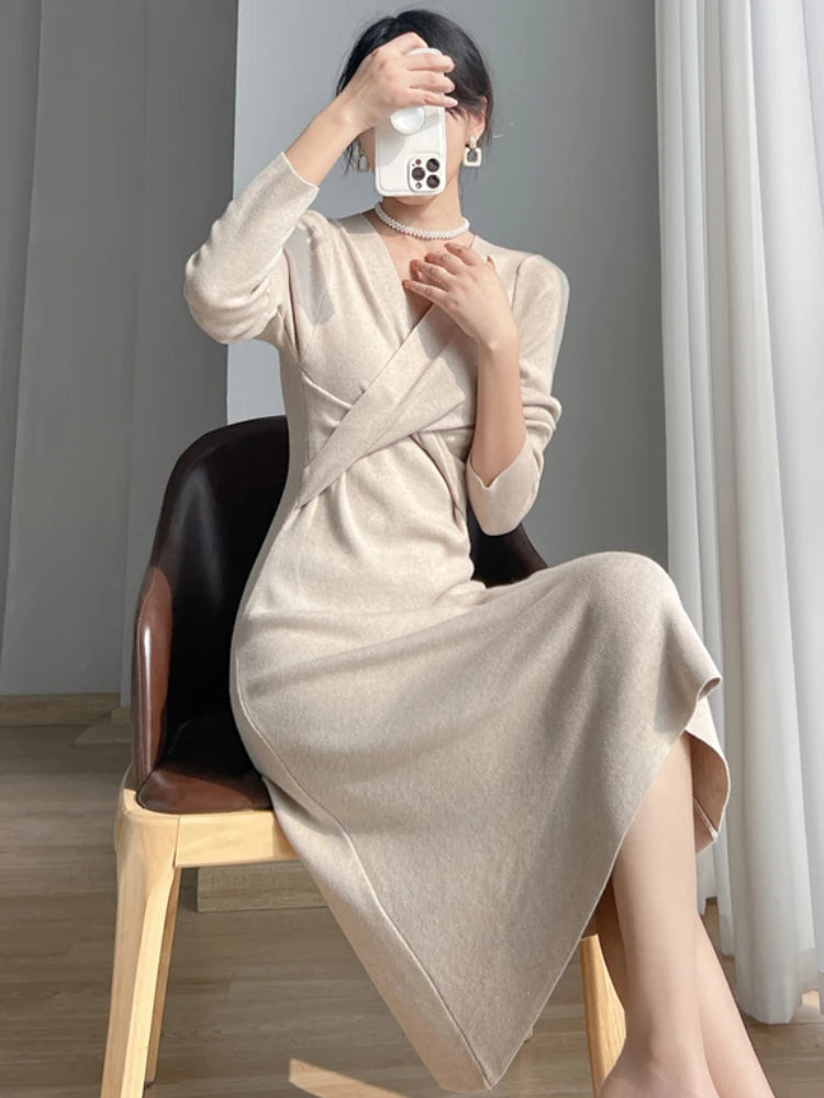 V-neck Knitted Sweater Dress Women Long Sleeve Office Lady Elegant Slim Party Dresses Female  Autumn Winter