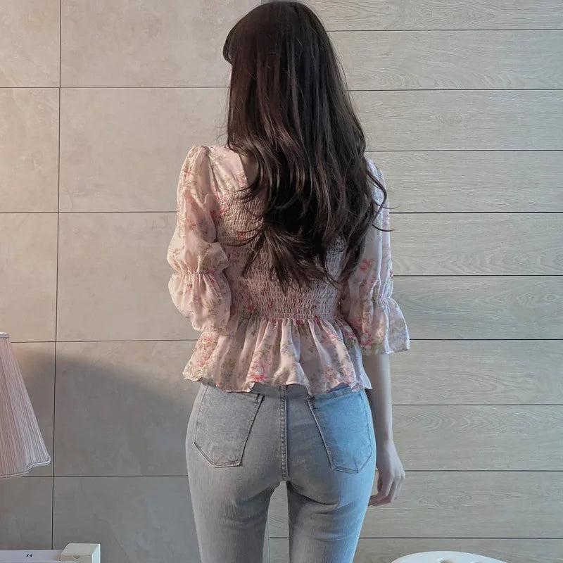 Chiffon Floral Western Style Small Shirt Women Summer Super Fairy Square Collar Top Waist Hugging Short Half Sleeve