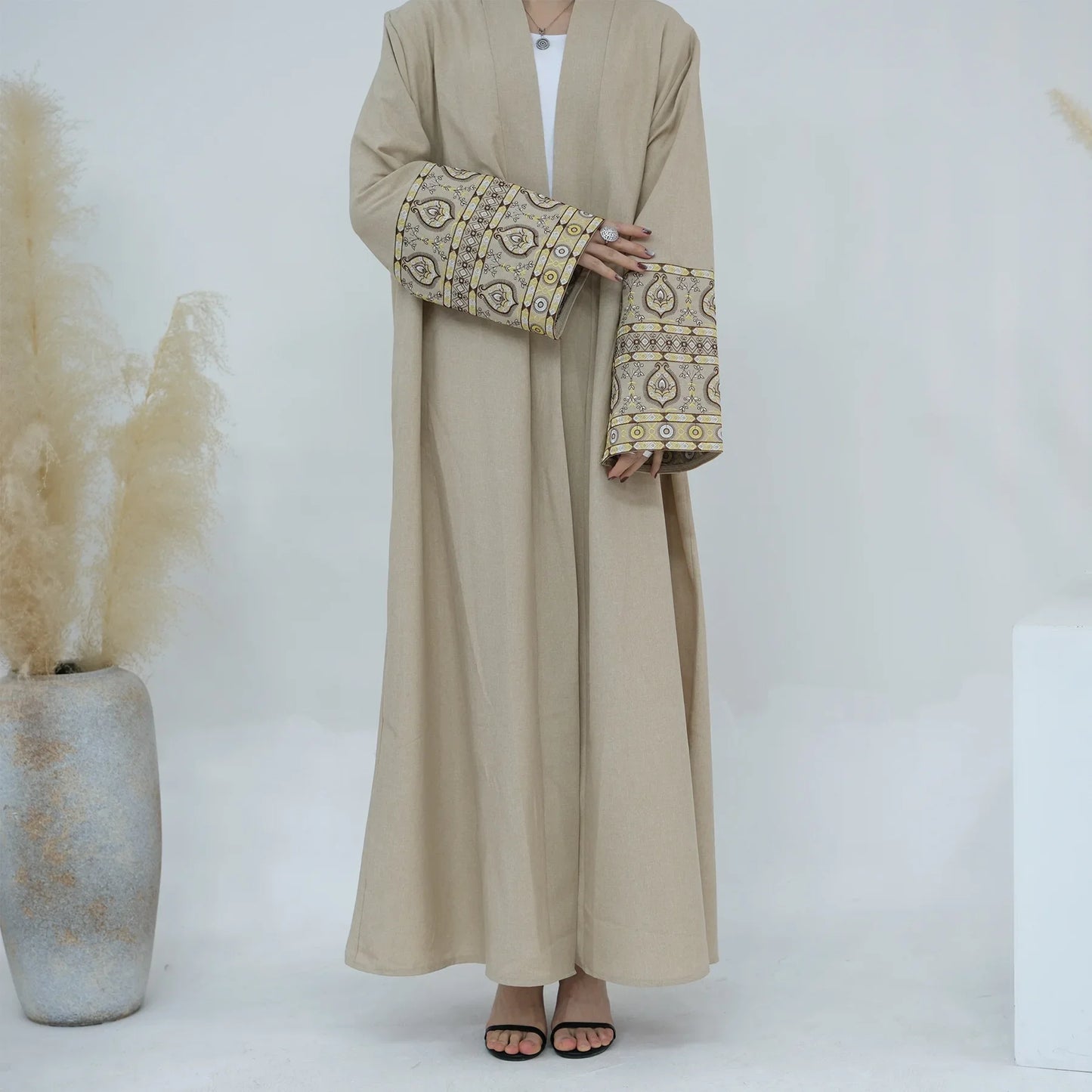 Embroidery Kimono Abaya Cotton Linen Hijab Dress Open Abayas for Muslim Women Dubai Luxury Turkey Kaftan Ramadan Islamic Outfit