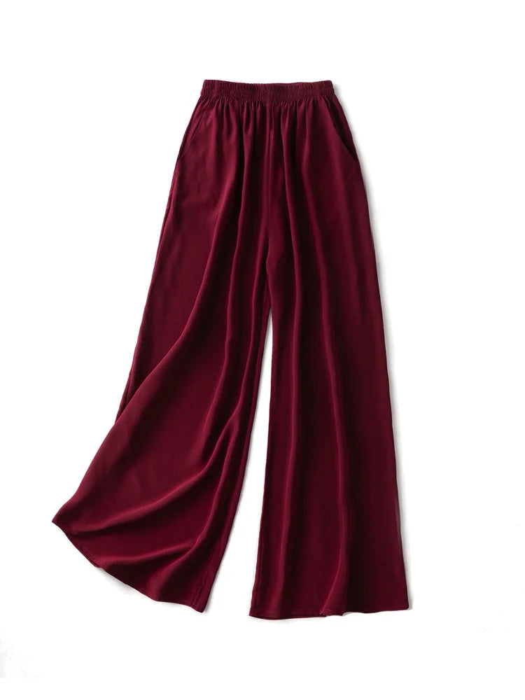 Women Wide Leg Pants 100%Real Silk Solid Elastic Waisted Ankle-length  Office Spring Autumn Chic Trousers Black