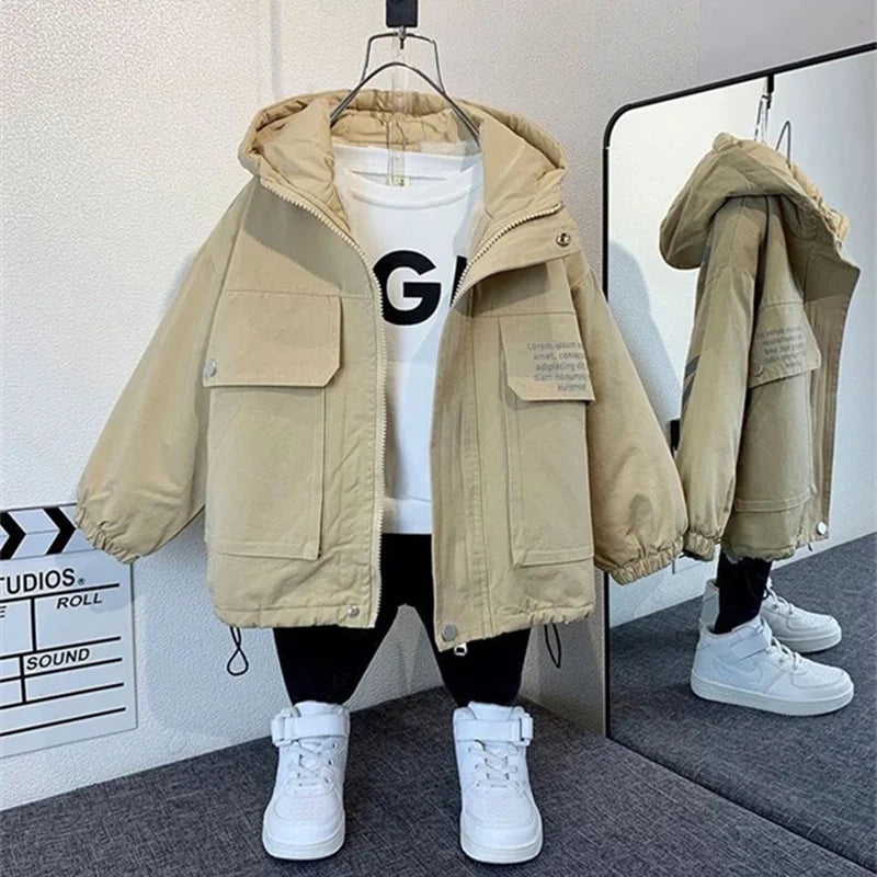 Boys Coat Jacket Outwear Tops Cotton Cool Thicken Plus Velvet Winter Autumn School Gift Overcoat Children's Clothes