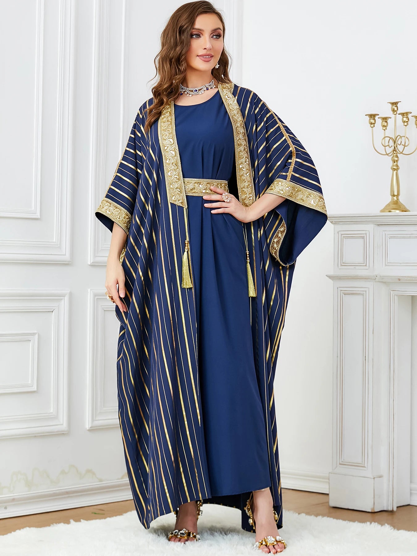 Dress for Women Abaya 2 Piece Set Half Sleeve Caftan Morocco Dubai Arab Party Long Dresses Kimono Robe