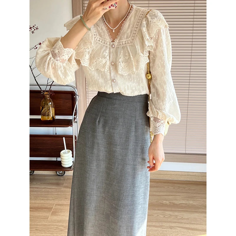 French Women Shirts Lace Lolita Elegant Long Sleeve Flounce Blouse High Quality  Chic Female Tops