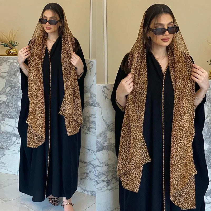 Fashion Khimar Hijab Women Clothing Muslim Black Open Kimono Casual Leopard  Chiffon Contrast Color Abayas Robe