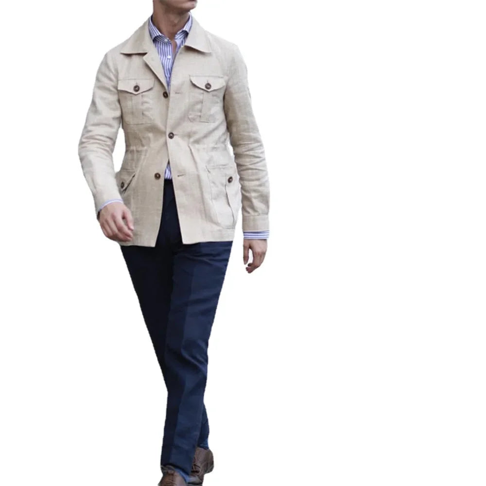 Mens Coats Safari Jacket Linen British Retro Gentry Suit Pockets Outerwear & Coats Fashion Solid Color Male