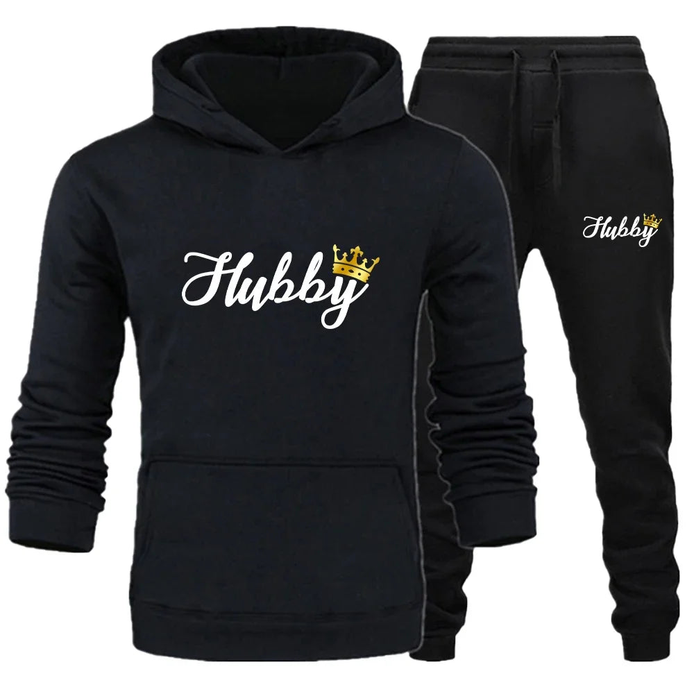 Couple Sportswear Hubby Wifey Print Lovers Outfits Fleece Suit Fashion Men Hoodie Pants 2 Pieces Sets Women's Tracksuit
