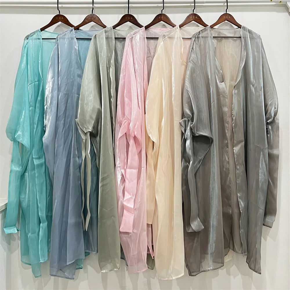 Open Abaya Elegant Women Shiny Muslim Cardigan Maxi Dress Turkey Kimono Arab Eid Party Puff Sleeve Summer Kaftan Islam Jalabiya
