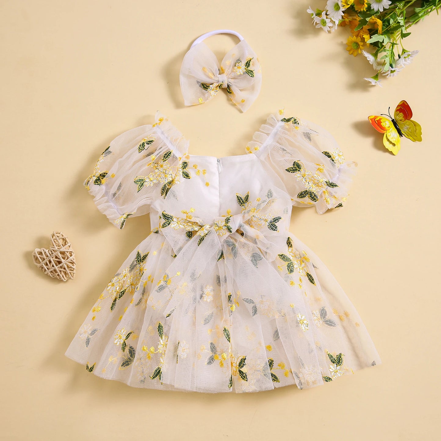 Newborn Baby Girl Puff Sleeve Embroidery Leaves A-line Romper Dress with Bowknot Headband Summer Cute Clothes