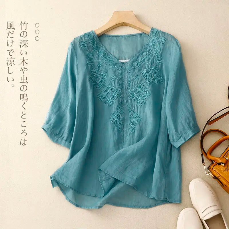 Summer Breathable Ramie Tops Loose Short Sleeve Shirts V-Neck Floral Embroidery Blouse Female Tees All Match
