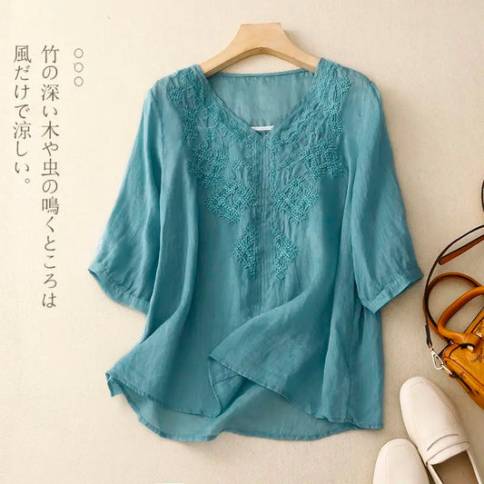 Summer Breathable Ramie Tops Loose Short Sleeve Shirts V-Neck Floral Embroidery Blouse Female Tees All Match