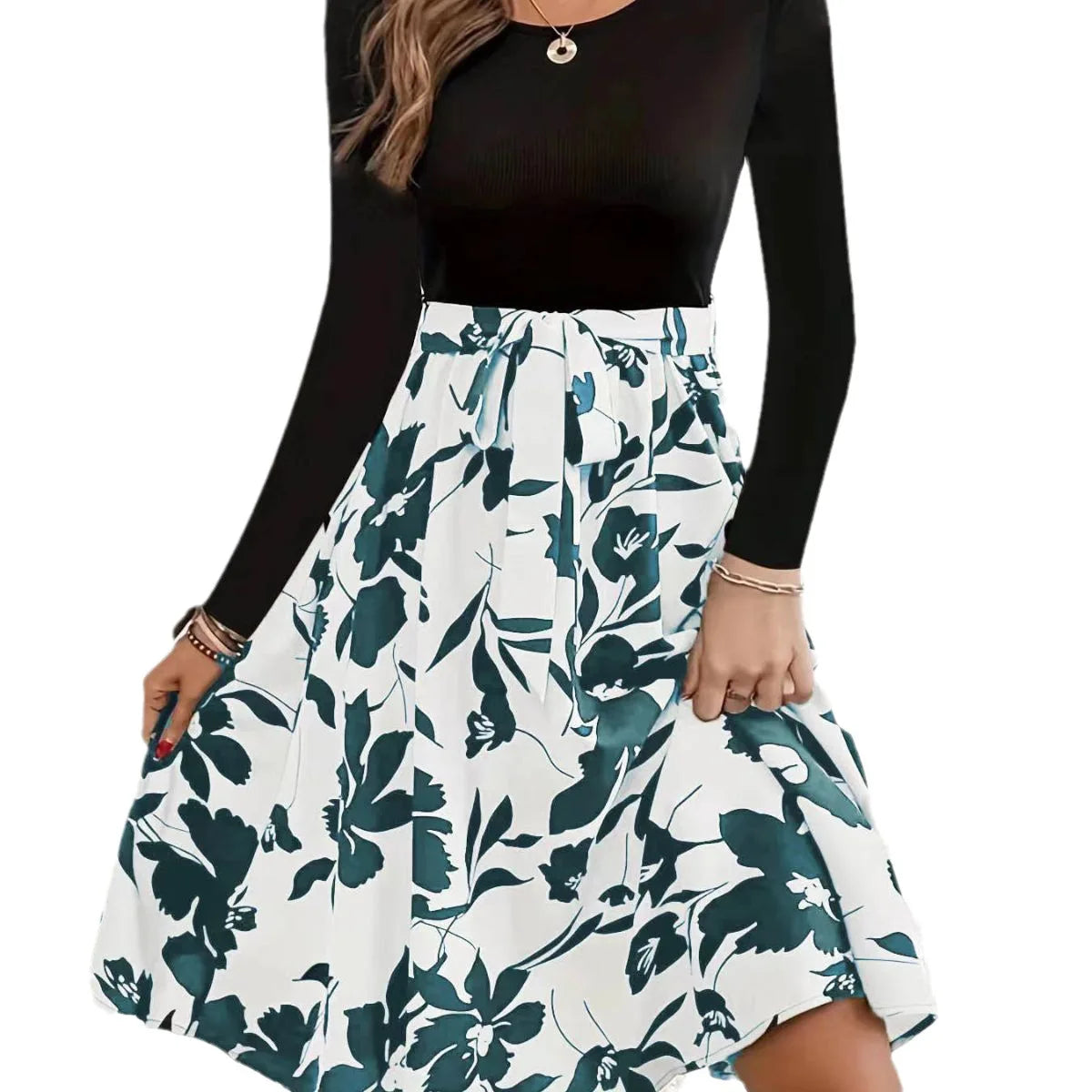 Dresses For Women  Autumn New Printed Long Sleeve O Neck Leace-up Vestidos Fashion Casual Beach Party A Line Dress