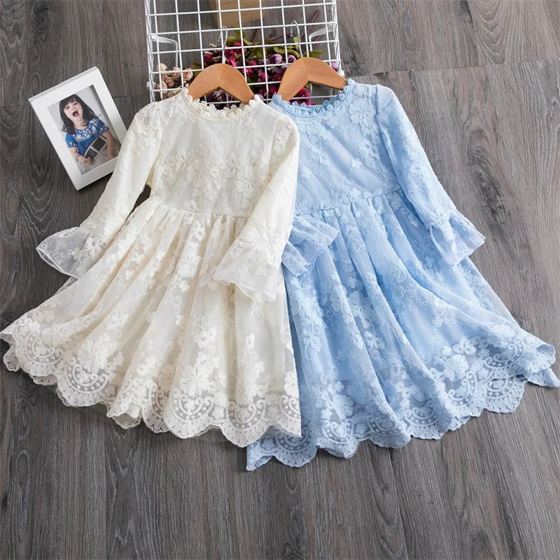 White Lace Embroidery Dress Girls Kids Princess Long Sleeve Clothes Children Elegant Flower Party Tutu Winter Autumn Vestidos