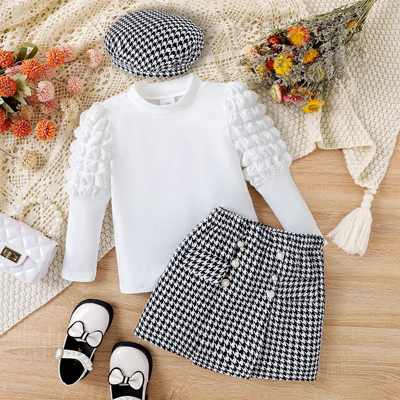 Kid Girl Fall 3Pcs Outfit Long Sleeve Round Neck Tops Houndstooth Skirt Beret Set Elegant Clothes for Fall kids girls toddlers