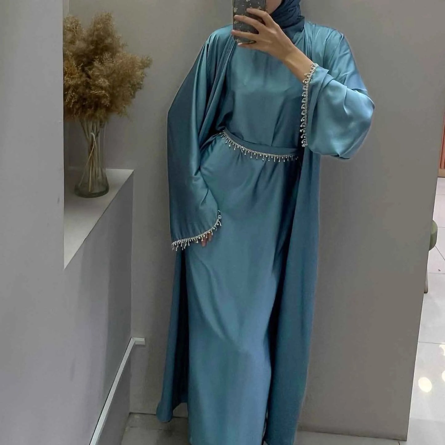 Abayas Set 2 Piece Ramadan Women with 2 Diamond Chains Cardigan Robe Abaya
