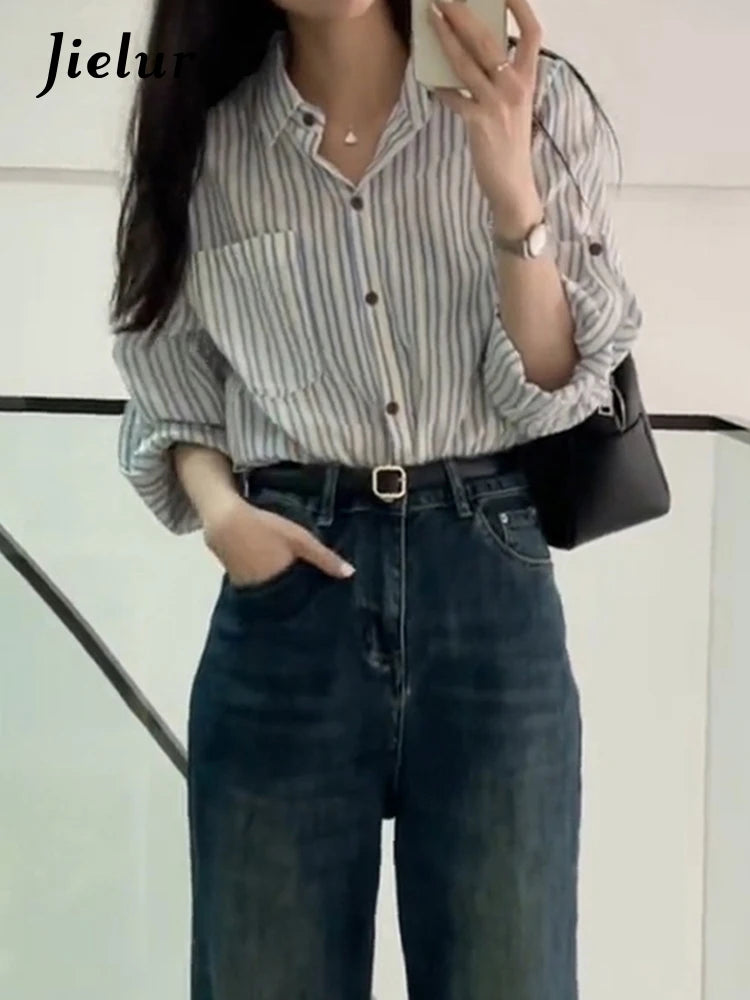 French Spring Slim Woman Shirt Fashion Street Casual Loose Women Shirt Simple Chic Stripe Long-sleeved Top Female