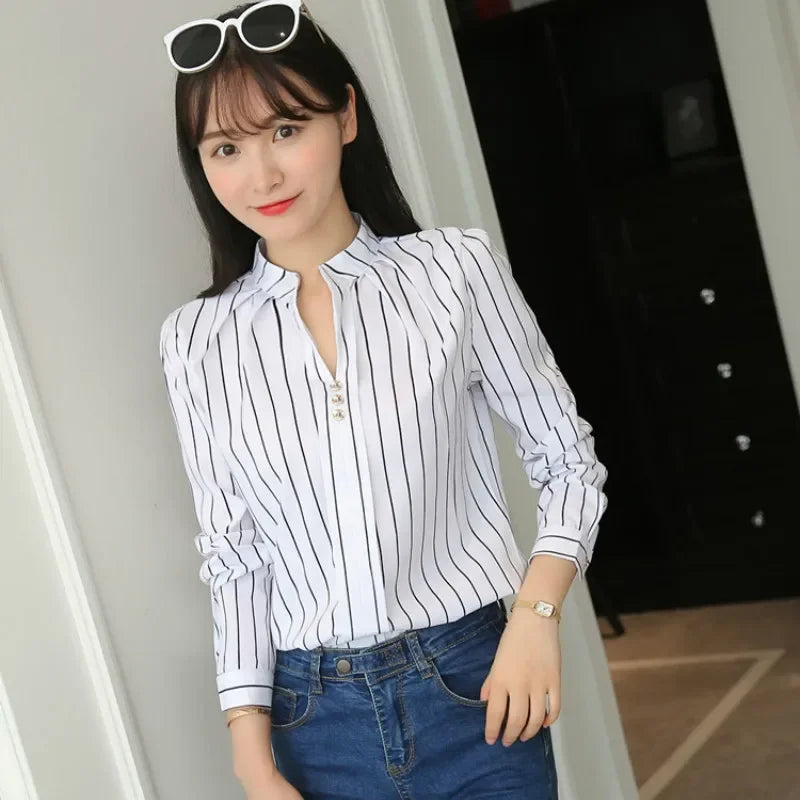 Women's Blouses Work Shirts Long Sleeve Women Tops Fashion Casual White Stripe Print Female Slim Shirt