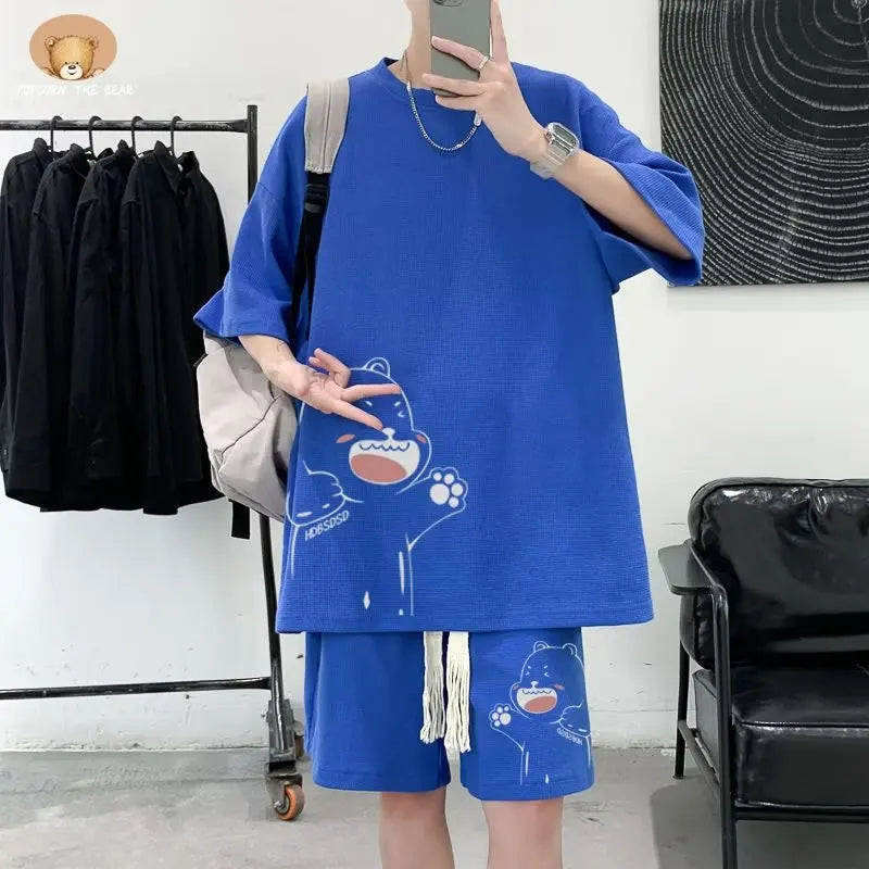women's Men's Sports Suit Japan High Street Fashion T-shirt Shorts Two-piece Set Men Retro New Neck Top Designer Clothes unisex