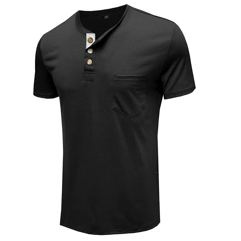 Summer Men's Short Sleeved T-shirts Henley Collar Solid Casual Top Single Breasted Pocket TShirt Soft Comfy Bottoming Shirt