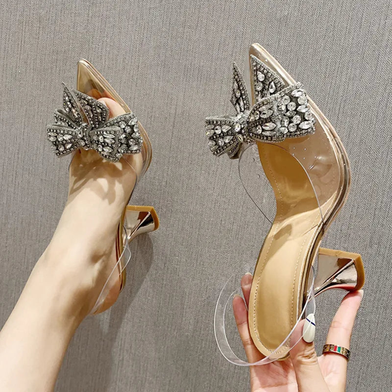 Fashion Crystal Sequined Bowknot Women Pumps Sexy Pointed Toe High Heels Wedding party  Prom Shoes Ladies PVC Transparent Sandals