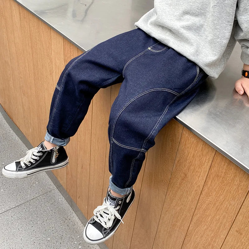 Blue Plain Loose Kids Jeans 3-14 Years  for Boy Trendy Trousers Denim Pants Kids Clothes 4 5 6 7 8 10 12 14 Years Old