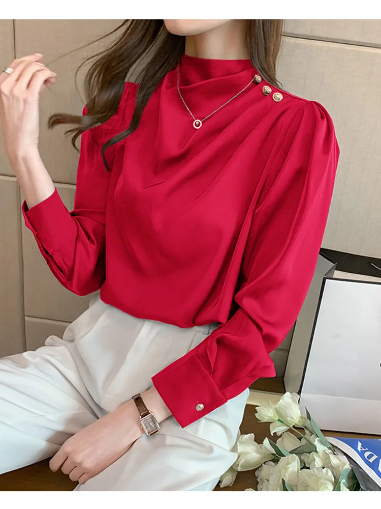 Women Shirt Long Puff Sleeve Satin Chiffon Tops Elegant High Collar Blouses Red White Blue Ladies Tops Blusas