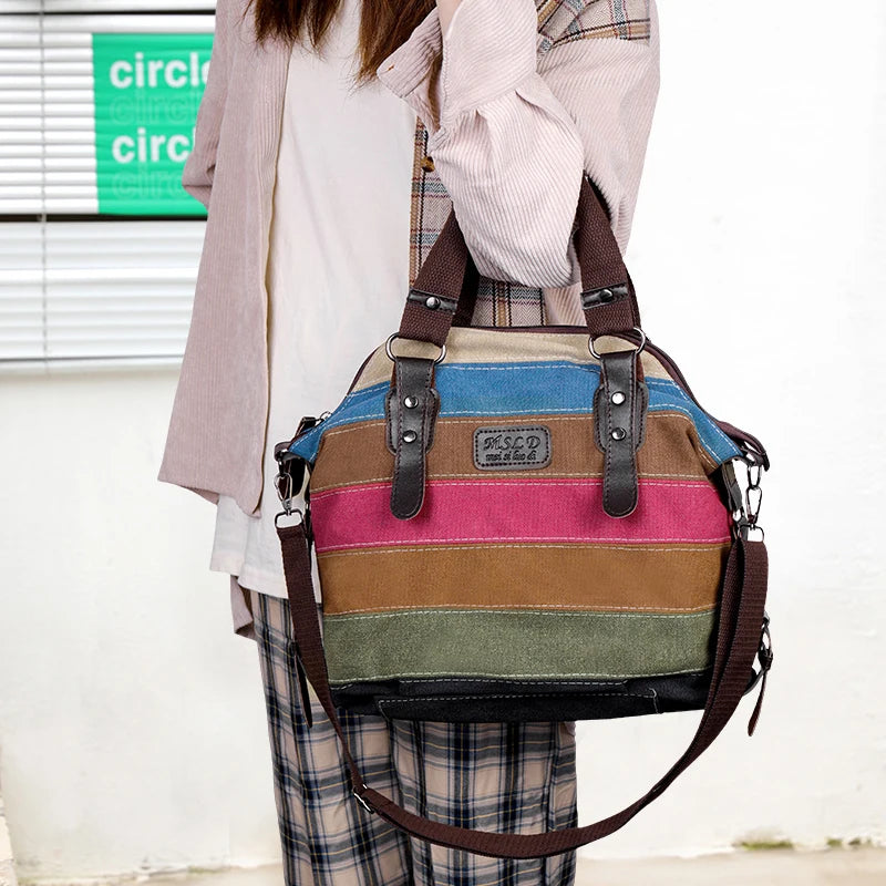 Women's Large Capacity Travel Bag Ladies Fashion Handbag Patchwork Rainbow One Shoulder Canvas Messenger Bag