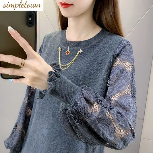 New Spring and Autumn Round Neck Pullover Hollow Out Sweater Women's Knitted Loose Lace Fashion Casual Top Chain Trend