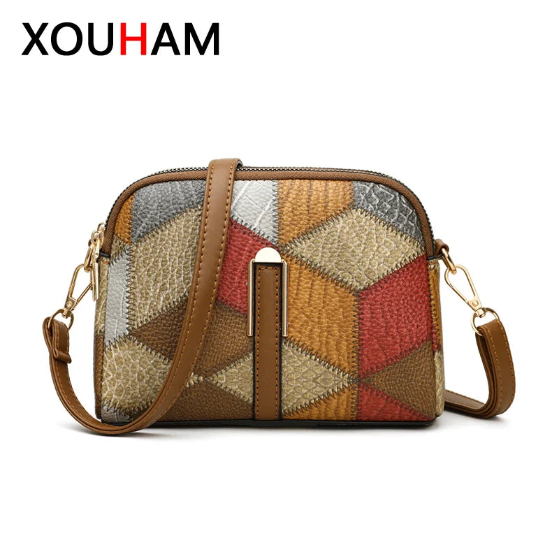 Color Block Shoulder Bags for Women National Style Double Zipper Crossbody Bag Ladies PU Leather Wallet Fashion Handbags