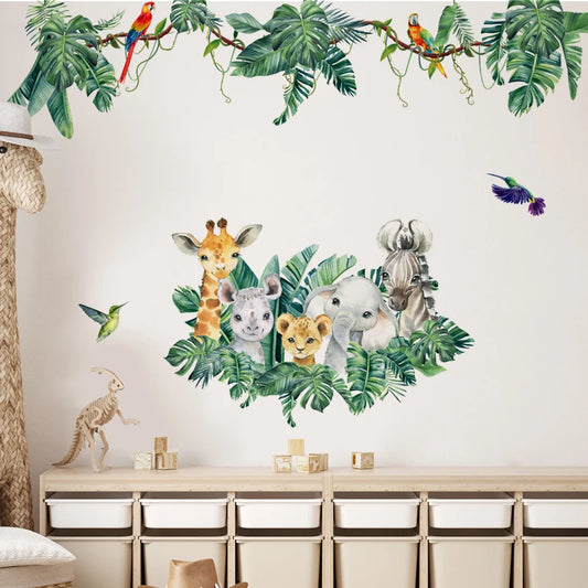 Cartoon Cute African Animals Elephant Lion Leaves Wall Stickers for Kids room Baby Room Decor Home Decor Wall Decals Art Murals home