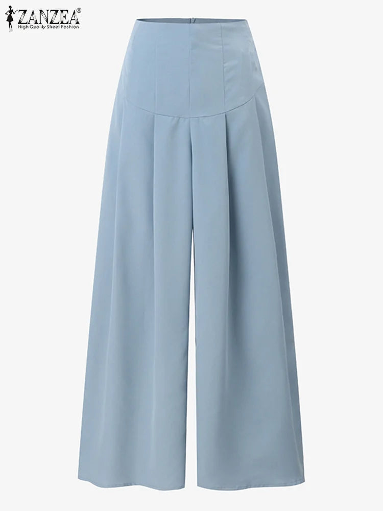 Elegant Women Pants Fashion Pleated Wide Leg Pants Casual Elastic High Waist Long Trousers Solid Party Thin Pantalon