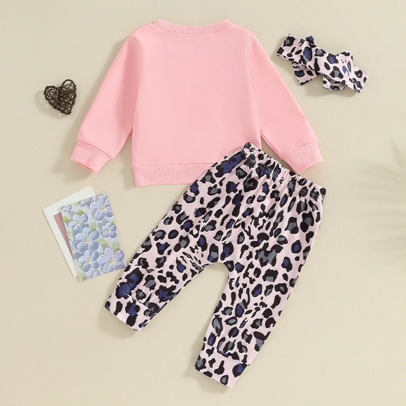 Toddler Baby Girls Outfits Long Sleeve Letter Print Sweatshirt Leopard Pants Headband Set Clothes