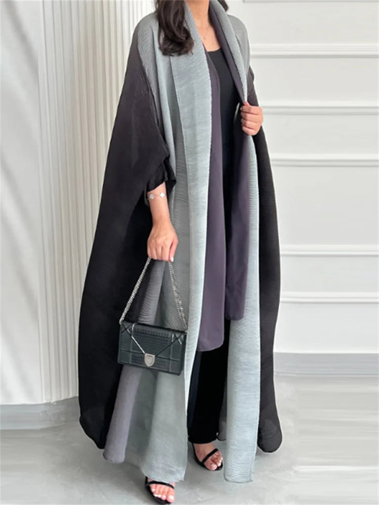 Gradient Pleated Long Trench Women Batwing Sleeves Belt Gathered Waist Windbreaker dresses for Women