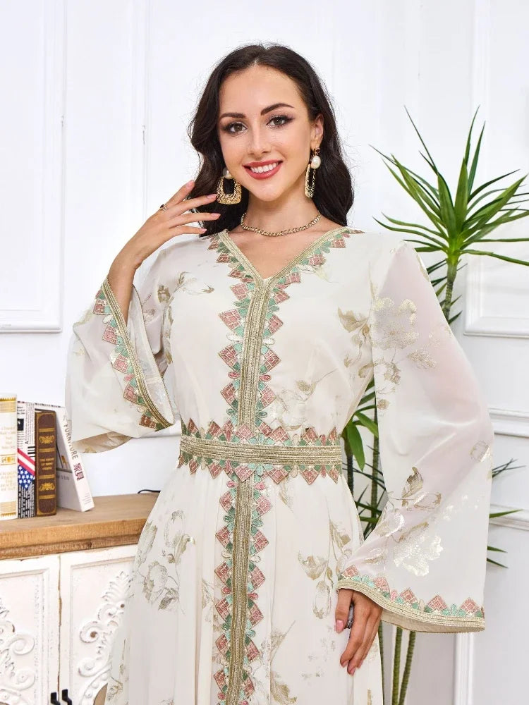 Moroccan Party Dress for Women Muslim Kaftan Belted Embroidery Abaya Ramadan Jalabiya Eid Wedding Evening Dresses Abayas Caftan