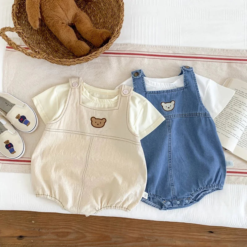 Summer Baby Clothing Denim Cartoon Bear Boys Sling jumpsuit Female Baby Short sleeved T-shirt Jeans Set