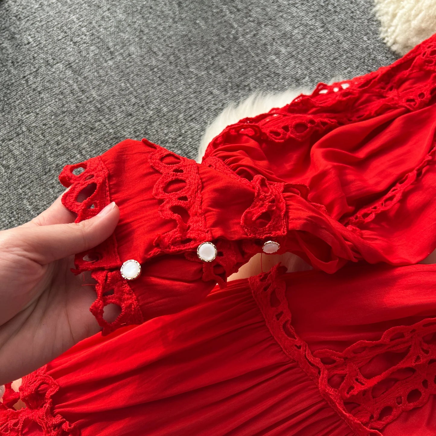 French Vintage Lace Hollow Patchwork Puff Sleeves O Neck Dress Casual Women Fashion Autumn Vacation Dress
