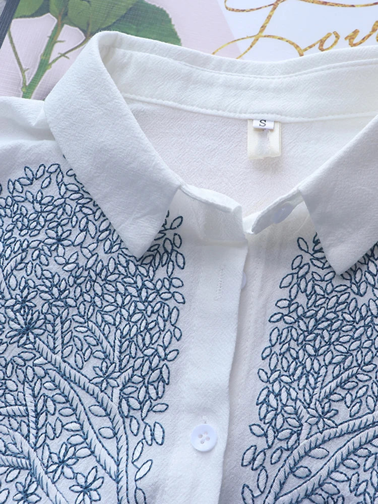 Cotton Flower Embroidery Women Shirts Blouses Fashion Long-Sleeved Solid Elegant Shirt Top Blue White