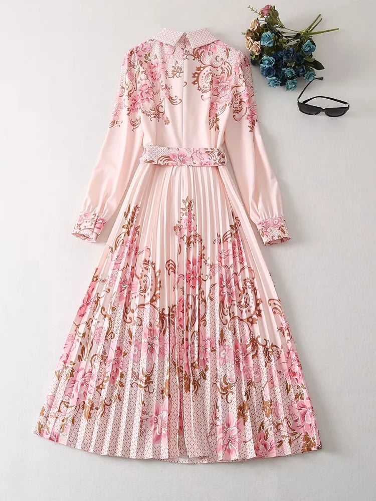 Spring Fashion Runway Dress Women Long Sleeve Ruffles Floral Print Midi Pleated Vestidos Casual Holiday Pink Dresses