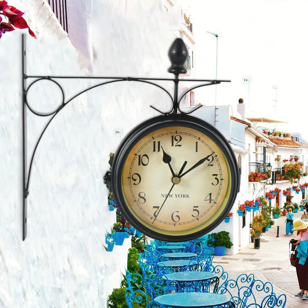 Wall Clock Retro Double-Sided Station Clock Battery Operated Silent Clock with Wall Mounting Kit Antique Wall Clock for Home