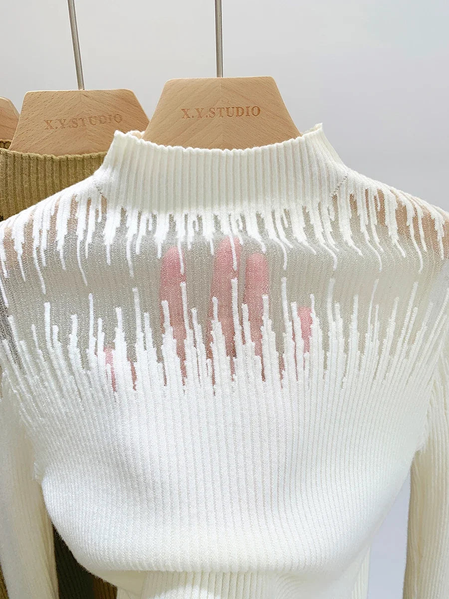 Soft and Comfortable Women's Knit Pullover with Half-high Collar for Winter, Perspective and Elastic Knitwear Top