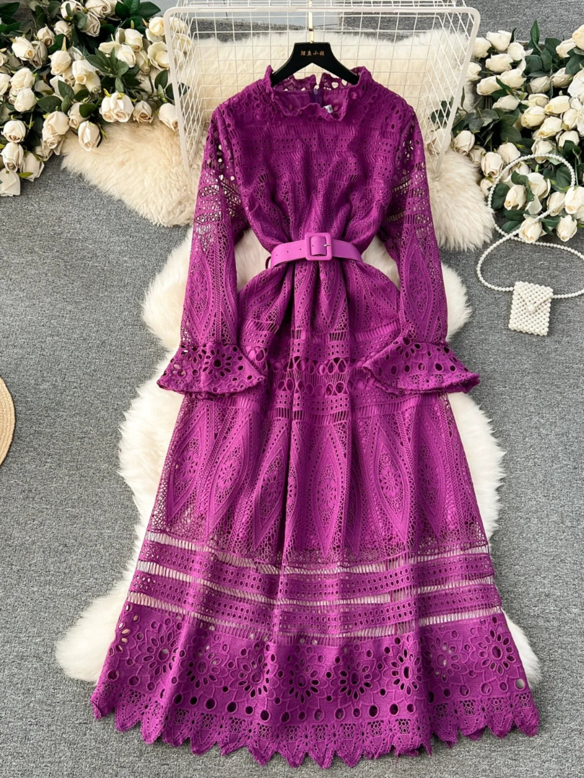 Hollow Out Lace Long Dress for Women Spring O-Neck Full Sleeve Slim Waist Party Gown Female Vintage A-Line Vestidos