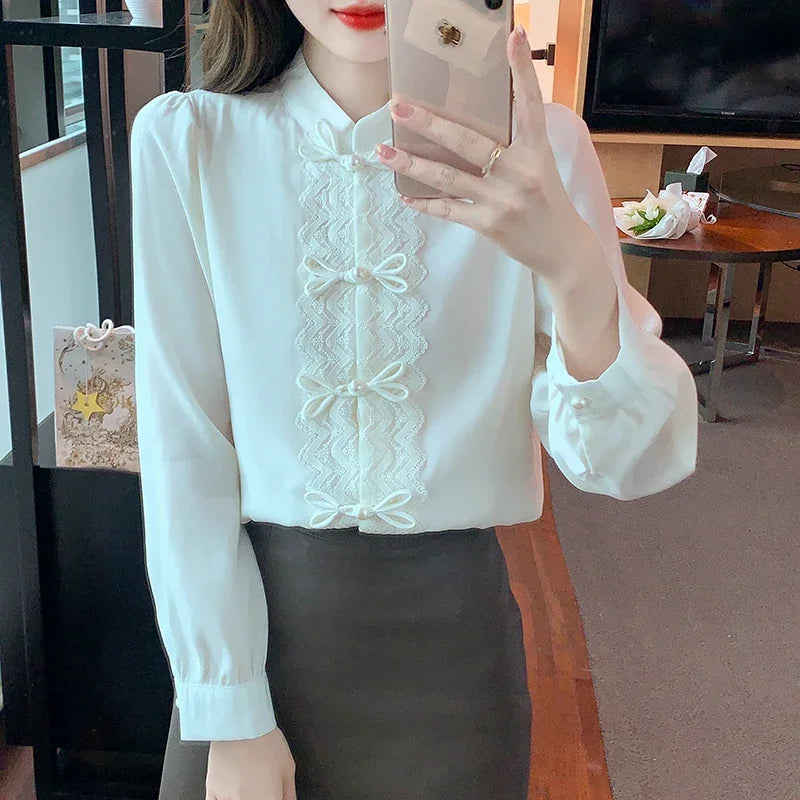 Chiffon Women's Shirts Loose Patchwork Chinese Style Blouses Spring/Summer Silk Fashion Clothing Vintage Women Tops