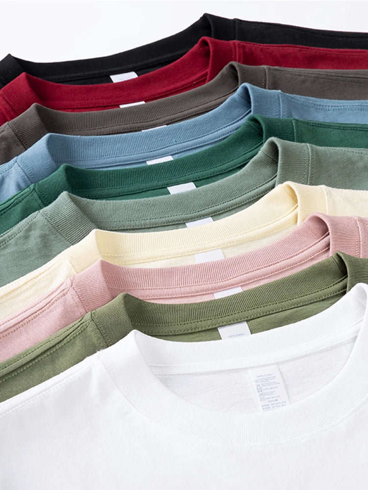 Summer 230G Cotton Basic T-shirt Men Short Sleeve Crewneck Colorful Oversized T Shirt Male Breathable Solid Tee Loose Tops