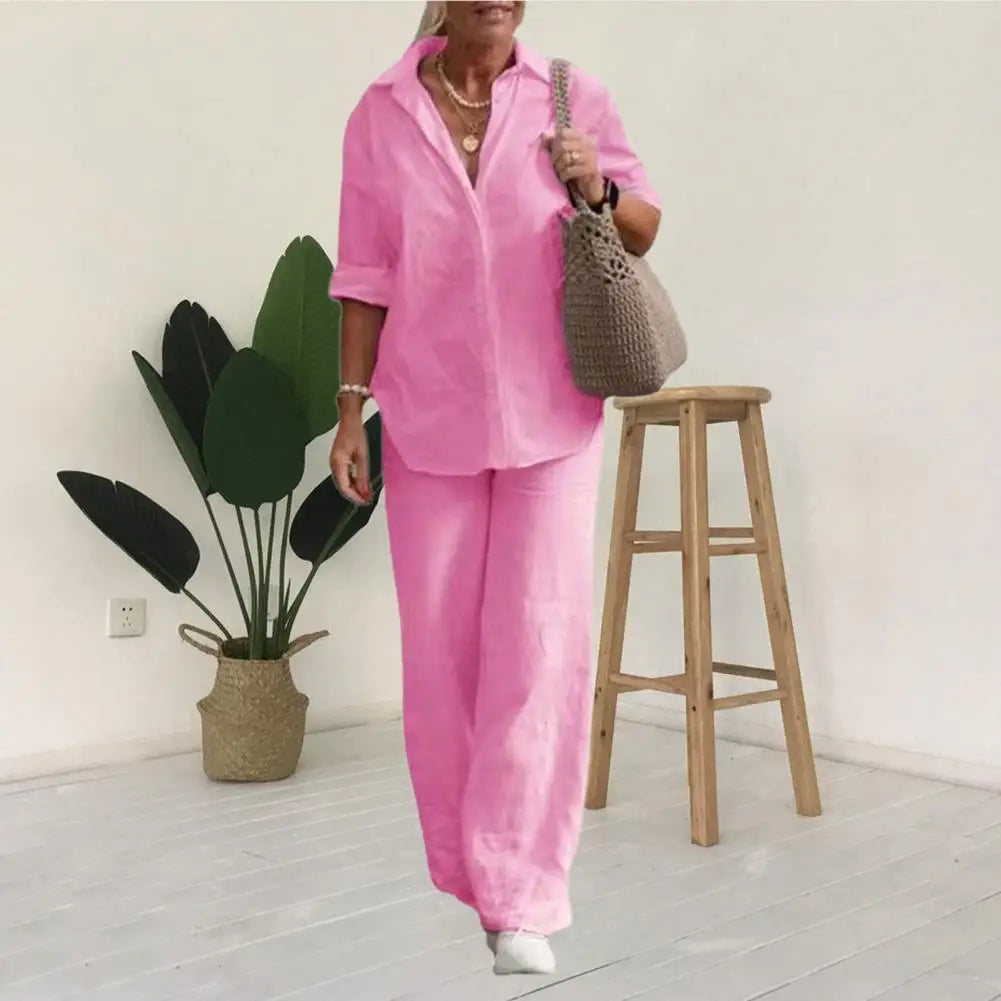 Women  Linen Lapel Shirt Two Pieces Set Vintage Solid Long Sleeve Button Blouse and Loose Straight Pants Casual Suits