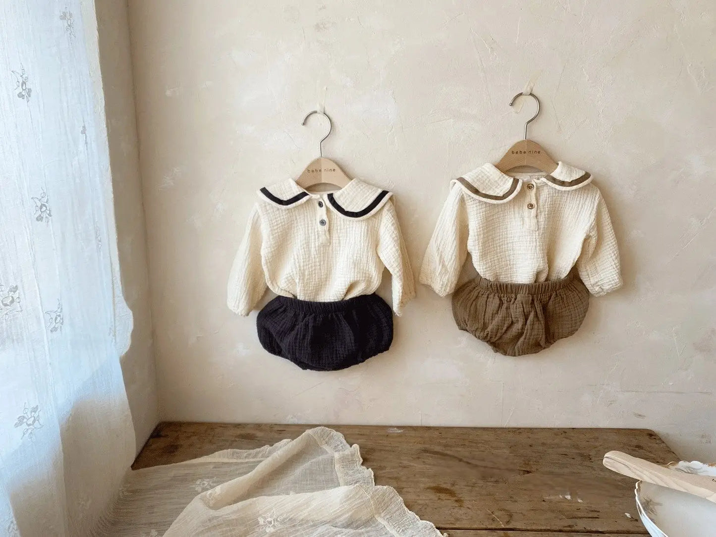 Newborn Baby Girls Boys Autumn Full Sleeve Navy Collar Top Tees Solid Bread Bottoms Infant Kids Pure Cotton Clothing Set 2pcs