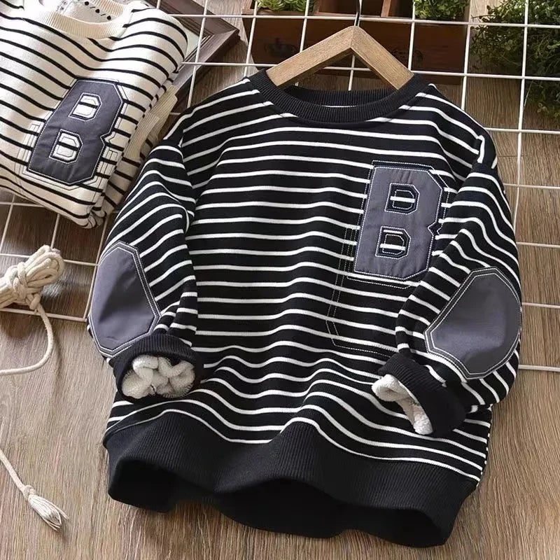 Autumn Stripe Loose Boys' Sweatshirt Padded Top Children's Long Sleeve Hoodie Teenagers Clothes 4 6 8 10 12 14 Years